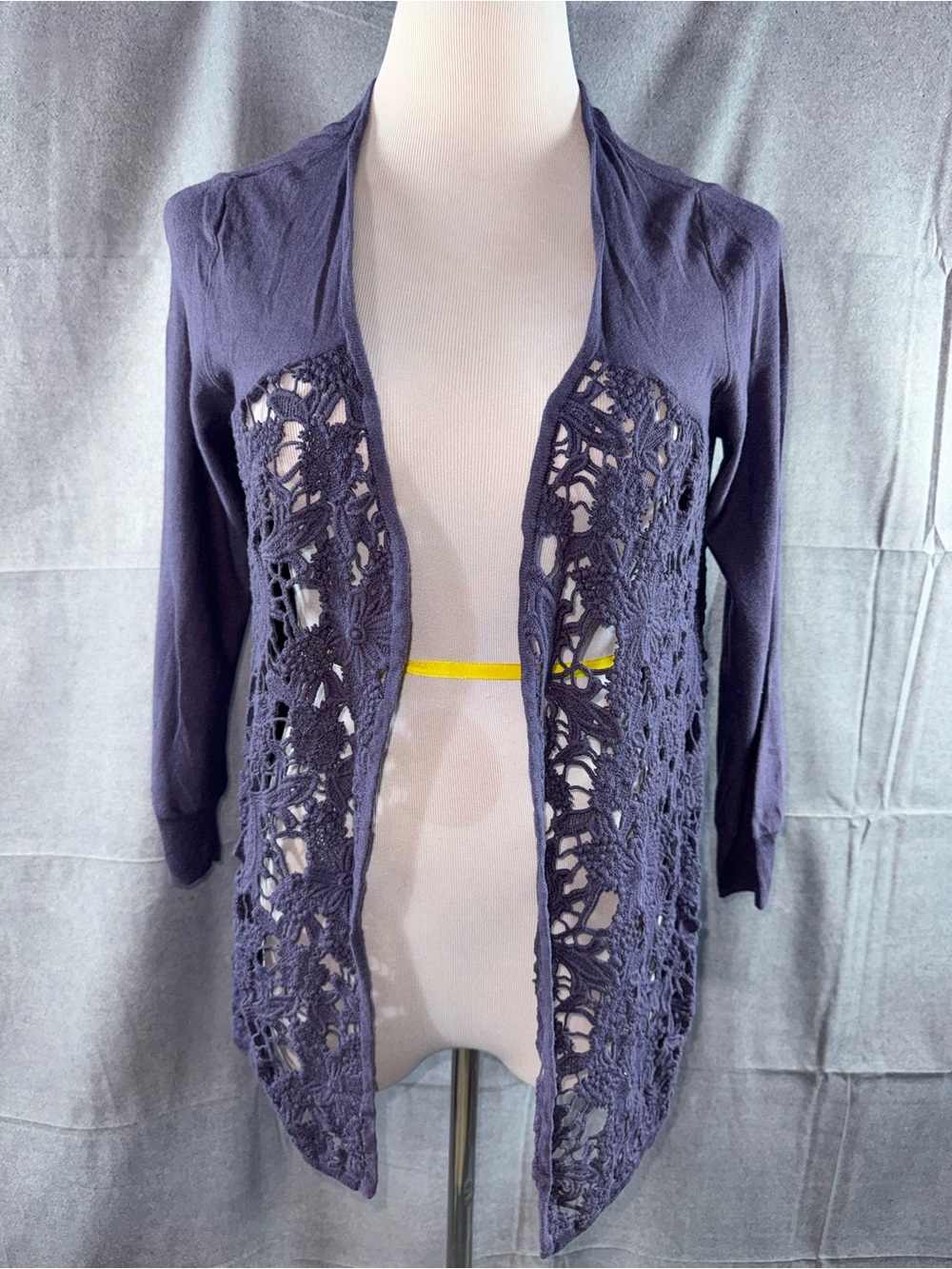 3192-Christopher & Banks Open-Front Crochet Panel Cardigan - Navy